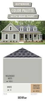 The choice to paint the picket fence steel blue, instead of traditional white, keeps the attention on the home's green door. Coordinated Palette For Weathered Moss White Behr Paint Exterior House Paint Color Combinations Exterior Gray Paint Exterior Paint Colors For House