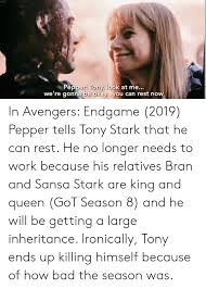 Endgame is now being dissected, thanks to disney posting. Pepper Tony Look At Me We Re Gonna Be Okay You Can Rest Now In Avengers Endgame 2019 Pepper Tells Tony Stark That He Can Rest He No Longer Needs To Work Because