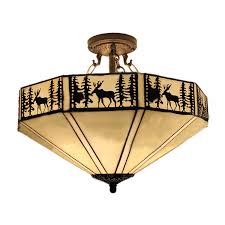 Lodge Style Stained Glass Ceiling Light Fixture Featuring Deer And Tree Pattern Takeluckhome Com