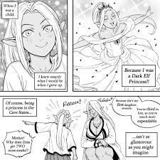 bb (baalbuddy), original, absurdres, highres, 2girls, aged down, anger  vein, breasts, cleavage, dark-skinned female, dark elf, dark skin, dress,  elf, facial tattoo, flat chest, greyscale, hair over one eye, left-to-right  manga, mature