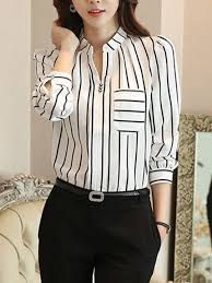 Split Neck Patch Pocket Striped Blouse Berrylook Com Striped Blouse Outfit Work Outfits Women Striped Blouse