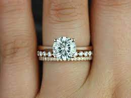 2ct Skinny Flora 8mm Petite Naomi Kimberly 14kt Rose Gold Forever One Moissanite Diamonds Round Solitaire Trio Wedding Set Rings Rosados Box Diamond Wedding Sets Trio Wedding Sets Wedding Sets