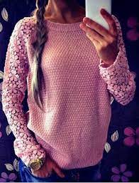 Cute Round Neck Long Sleeve Spliced Hollow Out Women S Sweater Lace Sleeve Sweater Sweaters For Women Autumn Fashion Women