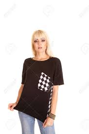 A Woman Pulling Down On Her Shirt With A Checker Board Print On The Pocket.  Stock Photo, Picture and Royalty Free Image. Image 32016482.