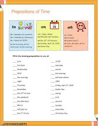 Prepositions In On At Prepositions Of Time Worksheet In 2020 Prepositions Time Worksheets Learn English Words
