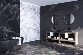 Free for commercial use no attribution required high quality images. White And Black Marble Bathroom With A Black Tub Standing On A Black Marble Floor Near A Double Sink 3d Rendering Mock Up Stock Photo Picture And Royalty Free Image Image 91305566