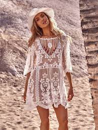 Free Shipping Women Summer Beach Style White Lace Mesh Long Kimono Casual Sheer Bohomian Kimono Cardigan Crochet Beach Dress Knit Swimwear Half Sleeve Dresses