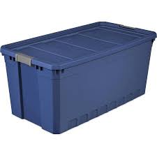50 gallon storage containers, pack of 3 plastic storage tote boxes with lid, stackable garage containers with heavy duty latches, storage totes 50 gal for trunk, basements, attics, or holidays. Sterilite 50 Gallon Stadium Blue Stacker Tote 2 Piece Walmart Com In 2021 Sterilite Storage Kitchen Storage Hacks