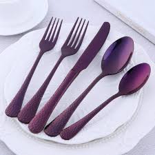Amazon Com Bisda 5 Piece Purple Silverware Flatware Set Service For 1 Stainless Steel Cutlery Set Include Dinner Knife Table F Cutlery Set Flatware Set Purple