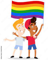 Smiling gay cartoon couple waving rainbow lgbt flag celebrating gay pride  isolated on white background Stock Vector | Adobe Stock