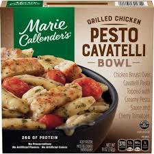 They are frozen dinners that serve 4 and can be heated in the microwave in less than 15 minutes of in the oven in about an hour. Marie Callender S Grilled Chicken Pesto Cavatelli Bowl 11 Oz King Soopers