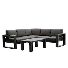 With a teak finish to add even more style, this garden furniture sectional looks great in a modern or traditional setting. Patio Plus Cassara 4 Piece Aluminum Patio Sectional With Sunbrella Spectrum Carbon Cushion The Home Depot Canada