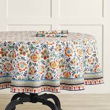 You can learn how to make a round tablecloth out of several fabrics. Mediterranean Round Tablecloth Williams Sonoma