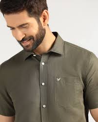 Linen Casual Half Sleeve Olive Solid Shirt