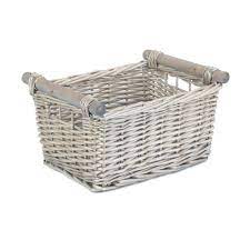 A 19th century chinese carved wooden grain basket with large handles made of bamboo. Grey Wash Wooden Handled Wicker Storage Basket Red Hamper