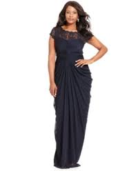 Adrianna Papell Lace Yoke Drape Mesh Gown Size 16 Navy Blue Sleeveless Plus Size Evening Gown Evening Dresses Plus Size Gowns For Plus Size Women