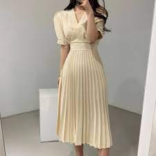 Uniquely textured cellophane organza forms crisscross pleats, and horsehair trim completes the full skirt that seems to float with every step. Leoom Plain Short Sleeve Pleated Midi A Line Dress Yesstyle