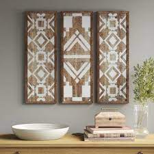 Flourish Ikat 3 Piece Graphic Art Print Set On Wrapped Canvas In Blue In 2021 Carved Wood Wall Decor Natural Wood Decor Frame Wall Decor