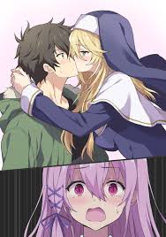 rasahan, kisara (engage kiss), ogata shuu, sharon holygrail, engage kiss,  habit, highres, 1boy, 2girls, black hair, blonde hair, blush, breasts,  comic, earrings, face-to-face, green eyes, green jacket, hair between eyes,  hair ribbon,