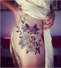 Black And White Floral Thigh Tattoo Side Hip Black And White Flowers And Skull Tattoo Hip Tattoo Designs Hip Tattoos Women Hip Tattoo