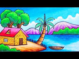 How To Draw Easy Scenery Drawing Simple Sea Beach House Scenery Step By Step With Oil Pastels Scenery Drawing For Kids Easy Drawings Nature Drawing For Kids