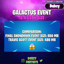 Check spelling or type a new query. Dubzyjd On Twitter The Galactus Event Is Nearly 4 Gb Here S A Comparison Final Showdown Event Size 650 Mb Travis Scott Event Size 480 Mb Omg Fortnite Https T Co Rydxz1elnl