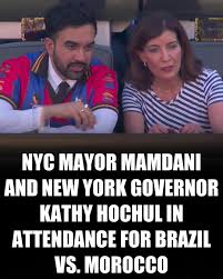 NYC Mayor Zohran Mamdani and New York Governor Kathy Hochul in attendance  for Brazil vs. Morocco. #brazil #fifa
