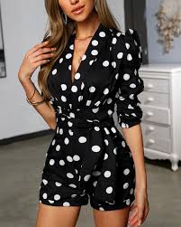 Style Fashion Pattern Type Dot Material Polyester Neckline V Neck Sleeve Style Three Quarters Decoration Knotted Length Short In 2020 Clothes Jumpsuit Fashion Rompers