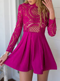 Medium Violet Red High Neck Crochet Lace Panel Skater Dress Choies Com Long Sleeve Lace Dress Crochet Lace Dress Fashion
