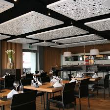 You can often see different false ceiling types in homes, offices, shopping complexes. False Ceiling Acoustic Panel Steakhouse Marina Lachen Bruag Ag Mdf Commercial Decorative