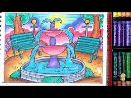 Pemandangan Air Mancur Di Taman Cara Menggambar Dan Mewarnai Gradasi Warna Oil Pastel Youtube Di 2020 Warna Jerapah Gambar Perspektif