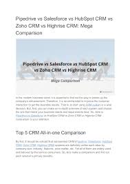 Pipedrive Vs Salesforce Vs Hubspot Crm Vs Zoho Crm Vs Highrise