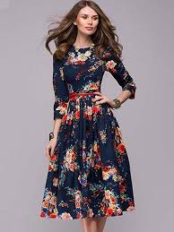 Buy Flower Pattern Round Collar Long Sleeve Bubble Dress Fashion Designed Flower Pattern Round Collar Long Sle Modest Dresses Bubble Dress Floral Skater Dress