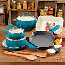 Ree's bright, colorful line includes appliances, cookware, serving dishes, and so much more (even bedsheets!) in her signature floral patterns, and each item is more. Pioneer Woman Dazzling Dahlias 17 Pc Cookware Combo Set Ocean Teal Cookware Sets Household Shop The Exchange