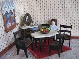 Antique German Biedermeier Dollhouse Dining Room Marble Top Table And Five Chairs 1800 1900s 3 4 Scale Dollhouse Dining Room Marble Table Top Antiques