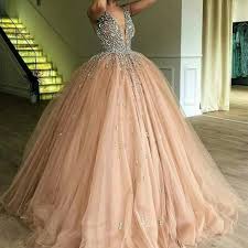 Champagne Prom Dresses 2020 Deep V Neck Crystal Puffy Ball Gown Long Evening Dresses In 2020 Tulle Evening Dress Pink Ball Gown Ball Gown Dresses
