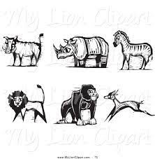 Clipart Of A Digital Set Of Carved Styled Black And White Safari Boar Rhino Zebra Lion Gorilla And Antelope By Xunantunich Cat Vector Animal Habitats Big Cats