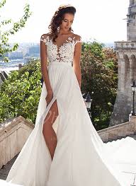 Brautkleider fürs standesamt mit raffinierten detail. A Linie Princess Linie U Ausschnitt Sweep Pinsel Zug Chiffon Spitze Brautkleid Mit Schlitz Vorn 0025104718 Mvbridal
