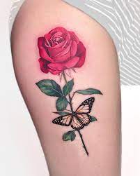849 Curtidas 20 Comentarios Janice Baobao No Instagram Red Rose With Butterfly 4h Sarsar94 Rose And Butterfly Tattoo Pink Rose Tattoos Leg Tattoos