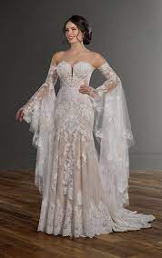 Bohemian Lace Fit And Flare Wedding Dress With Detachable Bell Sleeves Martina Liana Ethereal Wedding Dress Wedding Dress Accessories Fit And Flare Wedding Dress