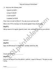 Examples, solutions, and videos that will help students review word problems on discount and sales tax. English Worksheets Figuring Tax And Discounts