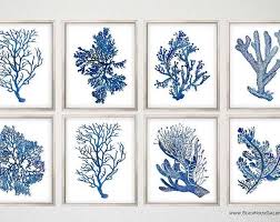 Vintage Indigo Blue Sea Coral Print Set No 2 Giclee Art Coral Wall Art Blue Coral Art Coral Blue