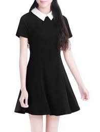 Women Contrast Doll Collar Short Sleeves Flare Dress Black With White Collar Cosplay Costume Short Sleeve Flared Dress Black Dress White Collar Flare Dress