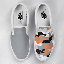 Black And White Custom Vans Slip Ons Introducing Our Hand Painted Tangerine Camo Vans Slip On Custom Sneakers The All White Slip On Vans Are Custom Vans Shoes Vans Slip On Shoes Vans Shoes Women