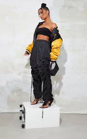 Black Shell Ruched Leg Joggers Trousers Prettylittlething