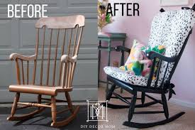 Refinishing a rocking chair for baby's nursery. What A Before And After For A Rocking Chair Cushion Makeover See How To Make A Rocking Cha In 2020 Rocking Chair Cushions Rocking Chair Nursery Rocking Chair Makeover