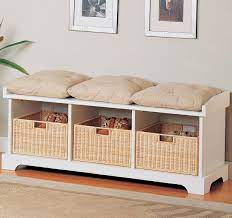 White Bench With Baskets And Cushions White Storage Bench Storage Bench With Baskets Storage Bench Designs