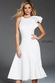 White Scuba Below The Knee Ruffle Shoulder Cocktail Dress 52252 White Cocktail Dress Dropwaist Dress Dresses