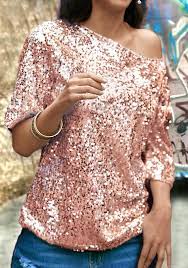 The sequin gown is a master of all traits. Rose Gold One Shoulder Sequin Glitter Round Neck Elbow Sleeve Clubwear Nye Party Top T Shirt T Shirts Tops