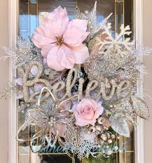 Peach Believe Christmas Wreath Etsy Pink Christmas Wreath Pink Christmas Decorations Silver Christmas Decorations